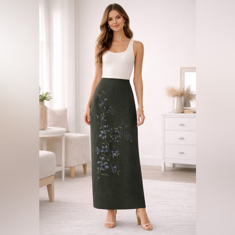 Vintage Express Dark Green Floral Maxi Skirt Dark Academia Herbalist Romantic